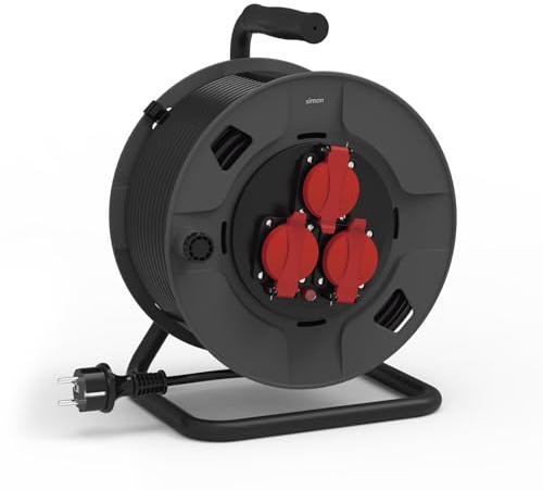 SIMON – Extensible Profesional H07RN-F, Alargador Enchufe 3 Tomas IP55, Cable 3G2.5mm² (30m), Enrollacables Resistente para Exteriores, Alargadera Eléctrica, Color Negro y Rojo