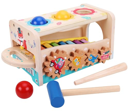 ANPEAC Holz Montessori Spielzeug Klopf- und Xylophonbank ab 36 Monaten | Zahnradspiel, Hammerspiel mit Bällen, Aus Holz, Musikalische Aktivität