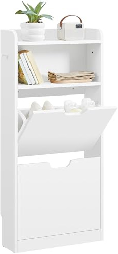 Yaheetech Schuhschrank 2 Klappen, Schuhkipper Schuhregal mit Offenem Fach, Schuhablage Schmal für Eingang, Flur, Wohnzimmer, 50 × 17 × 108,5 cm, Weiß | Kompakter Schuhschrank, robust und robust, mit offener Aufbewahrung, flexible Aufhängefunktion, 50 x 17 x 108 cm