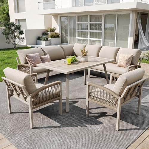 Zravenna Wetterfest L-förmiges Gartensofa Set für 8 Personen,Eisengestell mit beigen Kissen, Inkl. 1 Tisch mit Holzoptik-Glasplatte und 2 handgeflochtenen Sesseln (Beige B)