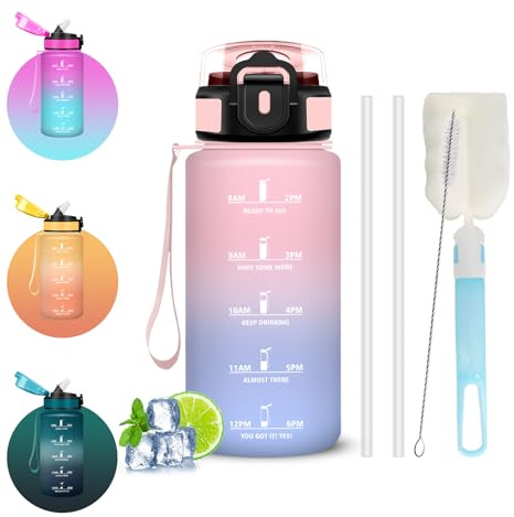 Mujigaga Borraccia 500ml, Borraccia Bambino con Cannuccia, Spazzole a Bottiglia e Cannuccia, Bottiglia Motivazionale con Orari, A Prova di Perdite Borracce per Scuola, Trekking, Outdoor, Bambina