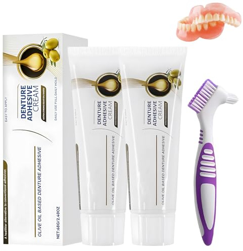 2 Piezas Pegamento Dentadura Postiza 68g Acción Prolongada, Pegamento Para Dentaduras Postizas Resistente duradero Fuerte Poder Adhesivo Comodidad Seguridad para Uso Diario con 1 Cepillo Dientes