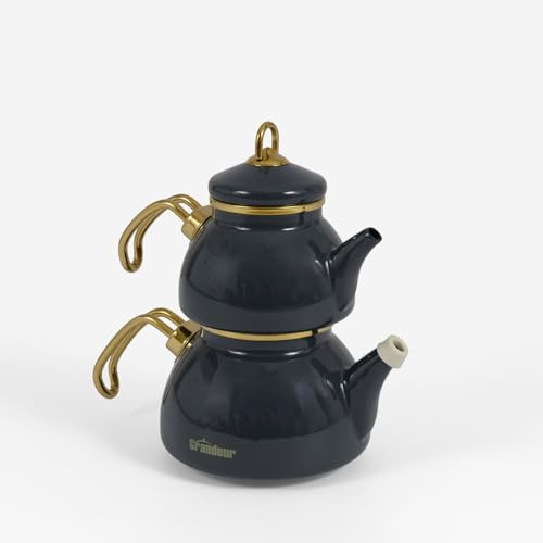 Théière Turque Mini 0,5 L avec Bouilloire 1,1 L en Acier Émaillé BLEU – Design Rétro – Compatible Induction – Idéale pour l'Infusion du Thé – LPP GRANDEUR 10