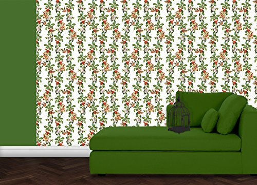 helle, elegante Garten Tapete: Die Apfelkirsche mit Vögeln, Blüten und Kirschen - Klassische GMM Wandtapete für edle Wohnakzente (um Wände halb hoch zu tapezieren H: 1,5m B: 46.5cm)
