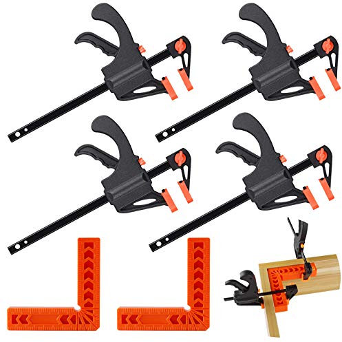 6PCS Right Angle Clip Positioning Squares 90 Degree 4 in and F-Shaped Bar Clamps Quick Grip Clamps Set, Ideal for Woodworking and DIY Projects…