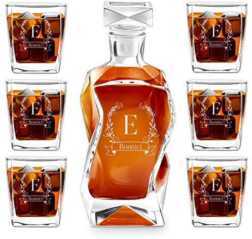 Maverton Set Decanter per Whisky in vetro - da 700 ml - incisione personalizzata - Caraffa con 6 bicchieri - idea regalo per il compleanno - per la donna - la ghirlanda