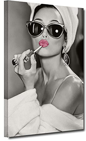 ZHONGYUTONG Audrey Hepburn Leinwandbild mit Rahmen Rosa Lippenstift Wand Gemälde Schwarz Weiß Kunstdruck Moderne Wanddekoration für Wohnzimmer Schlafzimmer (40x60cm)