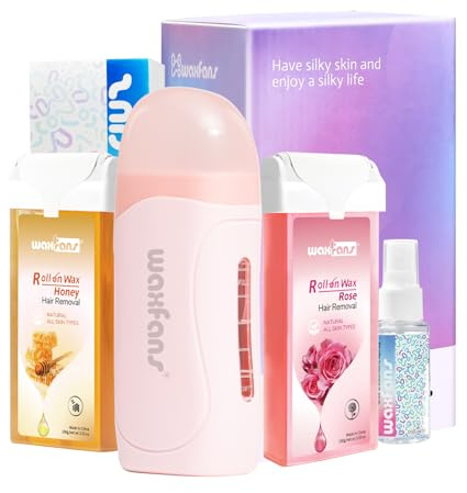 Waxfans Roll on Wax Kit, Waxing Kit for Women and Men, Wax Roller Waxing Kit for All Skin Types, Roll on Waxing Kit for Hair Removal, with Honey and Rose Wax Cartridges & 50 Pcs Wax Strips