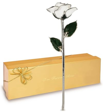 Forever Rose Platinum Snow White Rose – Platinumrandete Rose mit schöner weißer Farbe, EIN ewiges Geschenk; handgetaucht und gesäumt in Platin mit Echtheitszertifikat
