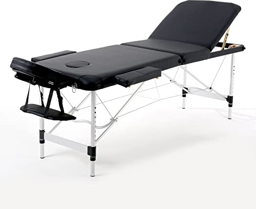 Panana Portable Massage Table Folding Lightweight Beauty Salon Spa Bed Therapy Couch (Black, 3-Section, Aluminum Leg)