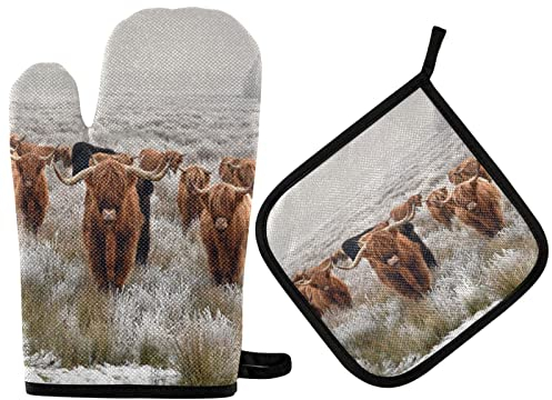 QUGRL Highland Cow Ofenhandschuhe und Topflappen, Set aus Yak-Küchenhandschuhen, hitzebeständig, zum Kochen, Backen, Grillen