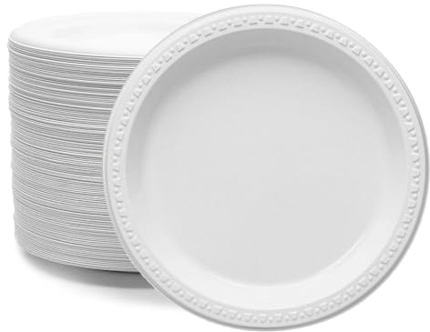 Tezraftaar® 100 x Plastic Plates Reusable 10 (26cm) White Round Lunch Dinner Plate for Catering Supply Weddings Camping Travelling Parties