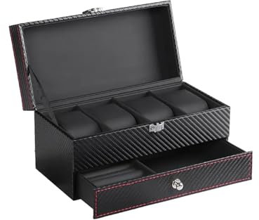 JMORCO Uhrenkasten Handgefertigte doppelstöckige Aufbewahrungsbox aus PU-Leder mit 4 Fächern for Uhren/Schmuck/Ringe(Black)