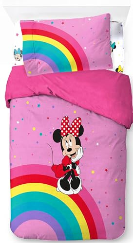 Jay Franco Disney Minnie Mouse Rainbow, 100 % algodón, juego de cama individual, funda nórdica, sábana bajera ajustable y funda de almohada