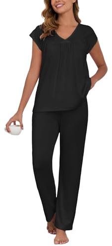 Famulily Pajama Sets for Women UK Comfy Lounge Sets V Neck Pleated Tops and Loose Pants Black XL