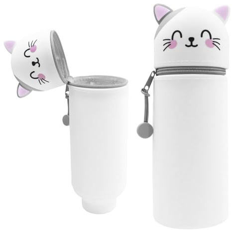 MPXEAVG 2 in 1 Weiche Silikontasche Kawaii Federmäppchen, Stiftetasche Buntstifte Marker, Stand Up Federmäppchen, Niedliche Schulbedarf Mädchen Junge (Graue Katze)
