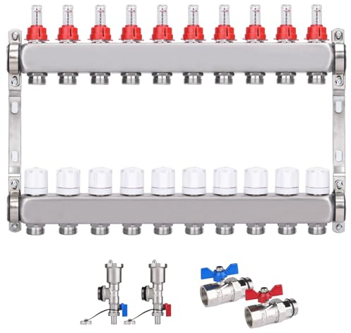 Edelstahl Heizkreisverteiler für Fußbodenheizung [10 Heizkreise, Entlüfter 1/2, 2X Kugelhähne 1] Verteiler mit Durchflussmesser (0.5-5 L/Min), Anschlüsse für Eurokonus 3/4