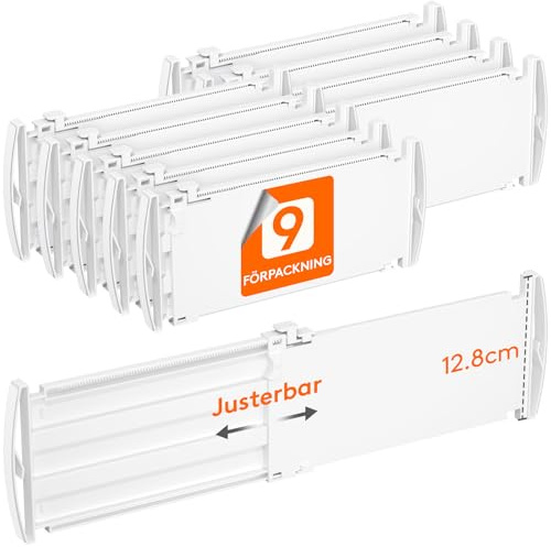Lifewit 9 stycken justerbara lådavskiljare för innerlängd 29,5–47 cm och höjd >10,5 cm, lådorganisatör för garderob, skötbord, skrivbord och kök, vit | 9-pack 29 cm – 47 cm expanderbara vita plastavskiljare för byrå, kök, skåp, garderob, kontorsorganisation och förvaring