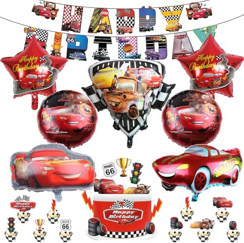 Cars geburtstagsdeko, Junge Geburtstag Dekoration Set, 18 Stück Coole Dekorationen zum Thema Auto, Enthält banner, Aluminiumfolien ballons, Cupcake Dekoration, Geeignet für Kinder party Dekorationen