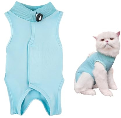 Samlonge Traje de Recuperación para Gatos, Transpirable Body Gata Esterilizacion Traje de Recuperación Quirúrgica para Gatos, Heridas Abdominales o Enfermedades de la Piel (Azul, Medium)