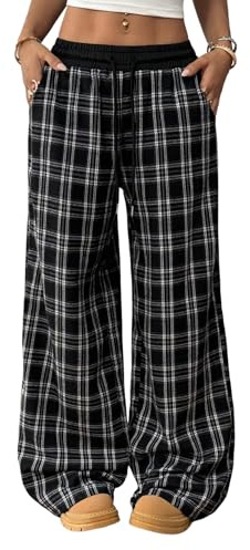 WDIRARA Girl's Plaid Elastic Waist Pants Wide Leg Long Baggy Pants with Pockets Black Vintage 12Y