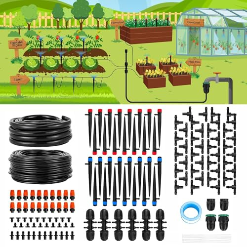 Irrigation System Kit Garden Watering System 240FT, 145pcs Drip Automatic Watering System with 12m Main Irrigation Tubing 60m Distribution Tubing, Water-Saving System for Greenhouse Allotment Garden