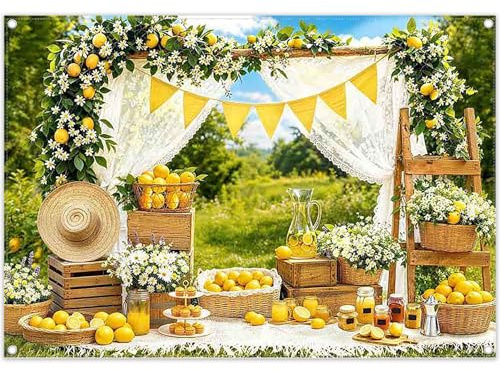 Luminora 2,1x1,5 m Toile de Fond de Fête d'été au Citron avec Tissu | en polyester Fond de Photographie Fleurs de limonade en Polyester, Décoration de Fête bannière , Accessoires de Studio