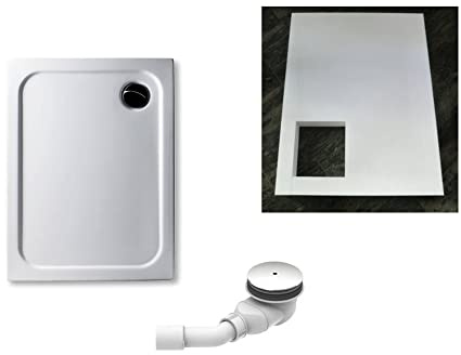 KOMPLETT-PAKET: Duschwanne 90 x 70 cm superflach 2,5 cm weiß Dusche mit GERADER UNTERSEITE Acryl + Styroporträger/Wannenträger + Ablaufgarnitur chrom DN 90