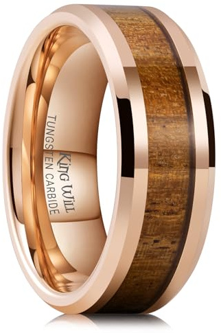 King Will Nature 8mm Black/Silver/Rose Gold Tungsten Carbide Ring Wood Inlay Wedding Band High Polished Finish Comfort Fit Size N 1/2 - Z+3