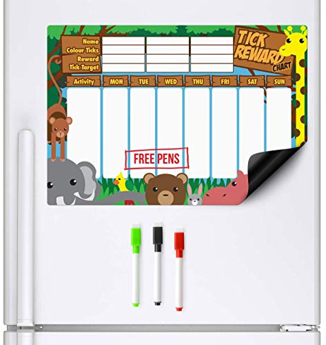 CKB LTD® A3 Dry Erase Dschungeltiere Magnetische Belohnung/Planer Tafel für 3 Kinder, Lehren Sie Kinder Gute Praxis Trocken Erase Magnettafel für Kühlschrank 42 x 29 cm