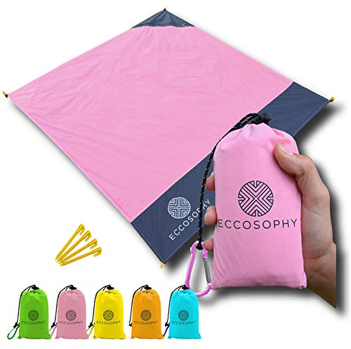 ECCOSOPHY Sand Proof Beach Blanket - Waterproof Picnic Blanket 60x55 Outdoor Compact Pocket Blanket Lightweight Ground Cover for Hiking Camping Festivals Sports Travel with Bag & Stakes (Pink)