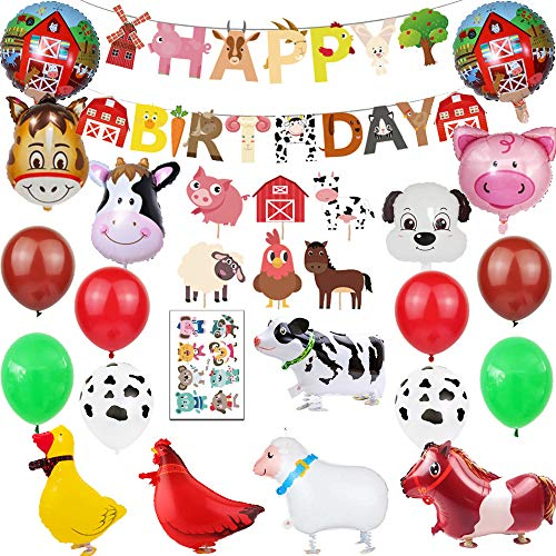 Finypa Decoración para fiestas de animales de granja, 67 unidades, globos para caminar en la granja, decoraciones para magdalenas, decoración de cupcakes, pancarta de feliz cumpleaños para niños