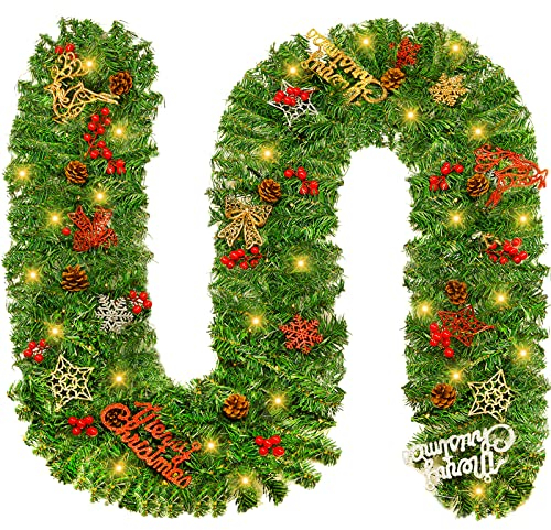 Frasheng Weihnachtsgirlande mit 50 warmweißen LEDs,2.7M Tannengirlande künstlich,Künstlich Adventskranz,Künstliche Girlande Weihnachtsdeko,Beleuchtete Kränze,für Weihnachten,Treppen,Tür,Garten,Kamine
