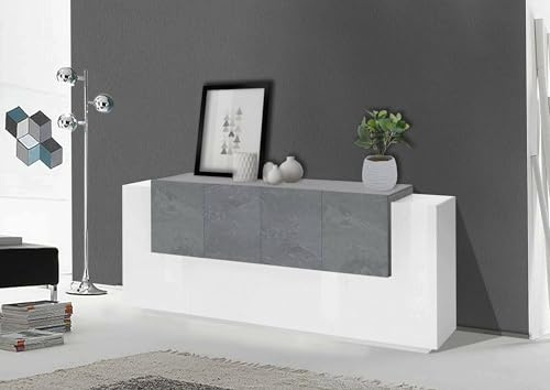 Dmora - Kommode Gennaro, Küchen-Sideboard mit 7 Türen, Wohnzimmer-Buffet, Küchen-Sideboard, 100 % Made in Italy, 200 x 45 x 86 cm, glänzendes Weiß und Schiefer