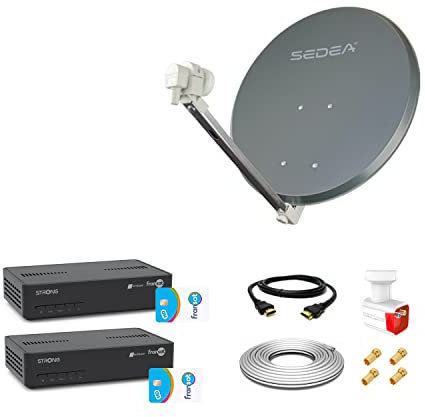 Kit Antenne Parabole Acier 65 cm 36,5 DB Anthracite + LNB Twin 0,1 DB Full HD 4K Ultra HD + Décodeur DSR 3031F FRANSAT + Câble coaxial 20m + Câble HDMI + 4 fiches F