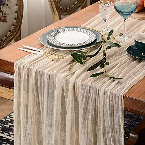 LOMOHOO Käsetuch Tischläufer Beige Boho Gaze-Stoff Tischläufer Rustikaler Hochzeit Tischdecke 72 Zoll lang Läufer für Hochzeit Braut Babyparty Geburtstagsfeier Kuchen Tischdekoration (90x180cm)