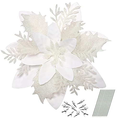 Alipis 12Pcs Fleurs Artificielles de Poinsettia Ornements Blanches Scintillantes Noël pour Sapin Tiges Et Clips Couronne Décoration Fête Noël, Blanche