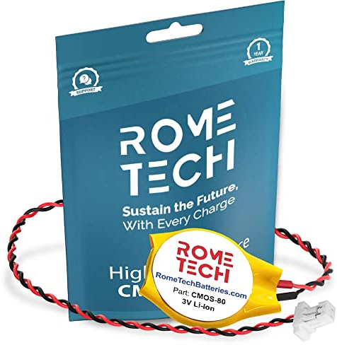 Rome Tech CR2032 CMOS BIOS Battery - Laptop Backup 3V RTC CR 2032 Battery with 2 Wire Cable