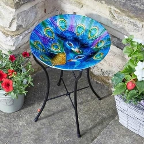 Garden Mile Glass Peacock Bird Bath For Garden Patio Balcony Outdoors Bird Feeders And Birds Bath Bowl Outdoor Decor Easy To Assemble Centrepiece Decoration Ornamental Baths For Wild Birds