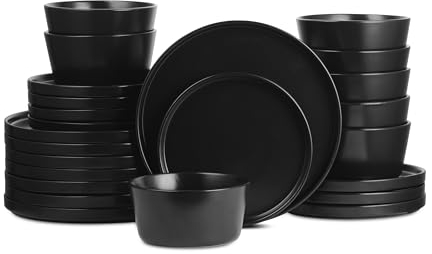 Stone Lain Celina Modern Stoneware 24-Piece Dinnerware Set, Dinner and Salad Plates, Soup Bowls, Dish Set for 8, Black