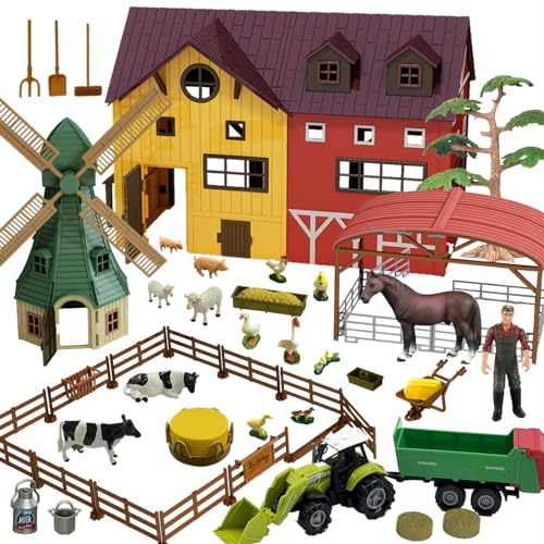 Peagprav Farm Animals Figurines Toys -140 pcs Toy Set Barn Toy Horse Stable Tractor Trailer Windmill Farmer Fence Playset for Kids Toddlers Boy Girl 3-7 Years Old