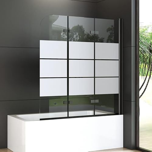 Goezes Duschwand für Badewanne 120x140cm 3-teilig Schwarz Faltbar Duschabtrennung, Badewannenaufsatz mit 6mm Gestreift Glas Sicherheitsglas Duschtrennwand, Badewannenwand Faltwand