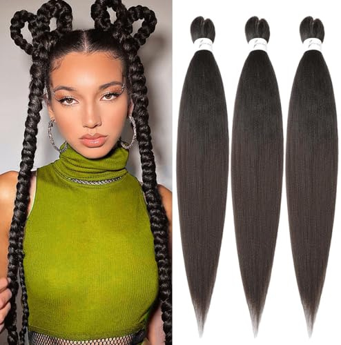 Kunsthaar zum Einflechten Pre Stretched Braiding Hair Braun 26 Zoll 3er Pack Braids Extensions Yaki Textur Einfach zu flechten für Anfänger Leichtes natürliches Haar für Box Braids Twists