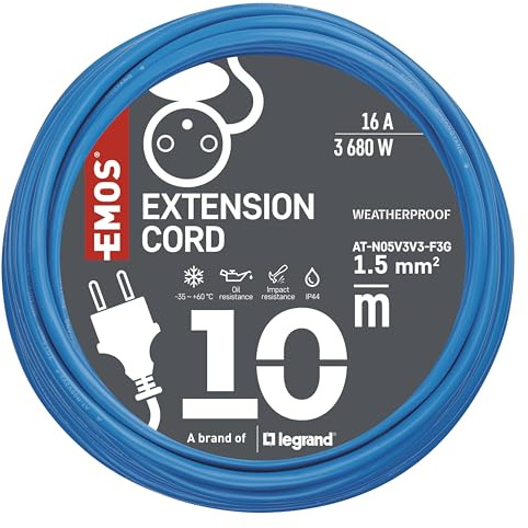 EMOS câble de rallonge d'extérieur, résistant au Gel avec Isolation en Silicone, 10m de câble 1,5 mm2 avec Capuchon de Protection, IP44 étanche pour l'extérieur, l'industrie, Le Chantier