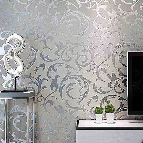Bswox Vliestapete,Wallpaper Mit 3D Grau 3D Damast Prägetapeten Rolle Home Decor Wohnzimmer Schlafzimmer Wandbekleidungen Silber Floral Luxus-Wand-Papier Wanddekoration