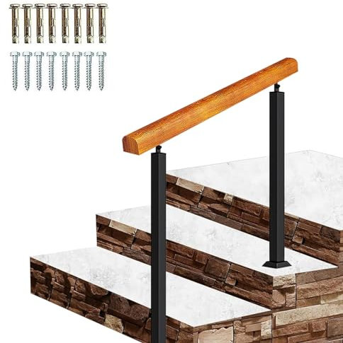 Treppenhandlaufgeländer, 3-Stufen-Handläufe für den Außenbereich, Treppengeländer-Handlauf aus Holz und Metall, verstellbar, perfekt für Betonholzböden, bodenmontierter Übergangs-Treppenhandlauf (Far