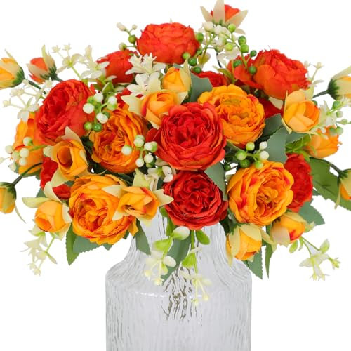 Hobyhoon 4 Bunches Peonies Artificial Flowers for Decoration Faux Roses Fake Bouquet Real Touch Silk Flores Artificiales for Vase Wedding Home Décor (Orange)