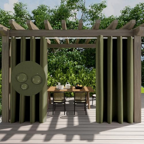 Hiseng 1 Stück Outdoor Vorhänge Wasserdicht Verdunkelungsvorhang mit Ösen, Outdoorvorhänge Wetterfest Sichtschutz Sonnenschutz Blickdicht Vorhang für Pavillon Terrasse (132x213cm,Olivgrün)