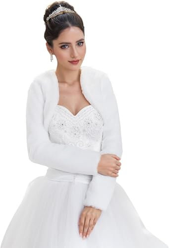 Ossadress Hochzeit Jacke Brautjäckchen Leichte Hochzeitsjacke für die Braut Bolero aus künstlichem Pelz mit voll länger Ärmel volles Futter Weiß XS