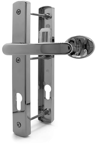 TSS White UPVC Door Handle Pair Set, Lever Moveable Pad 92mm PZ (Centres), Sprung, Lever Lever, 215mm Top Screw to Bottom Screw, 3X Fixing Points, Backplate 260mm x 35mm (Polished Chrome)